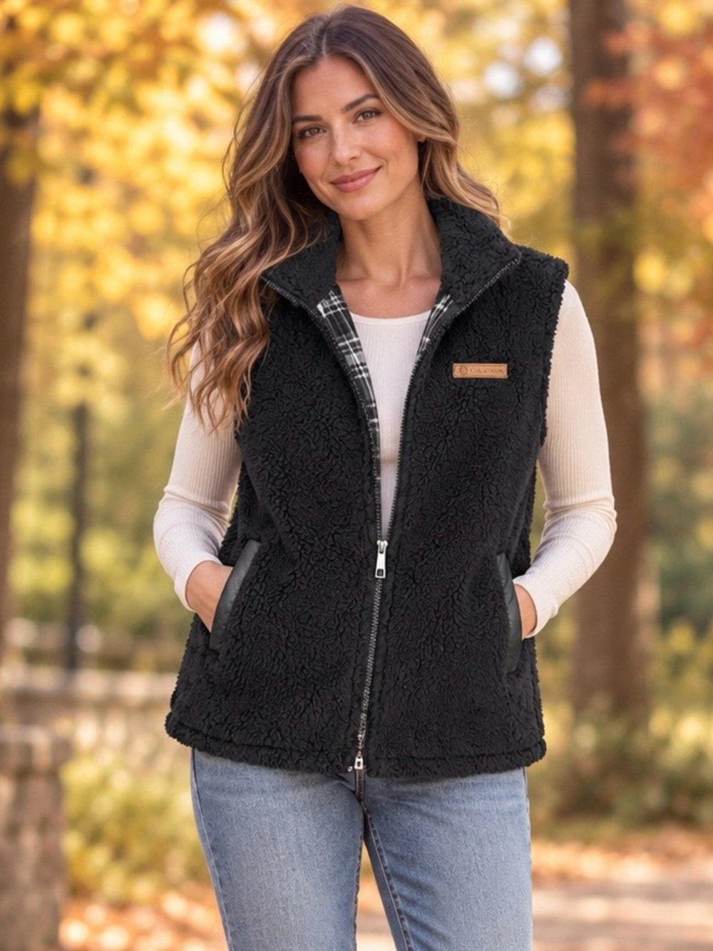 SAGE Collective Black Sherpa Plaid Lined Full Zip Vest Size Large